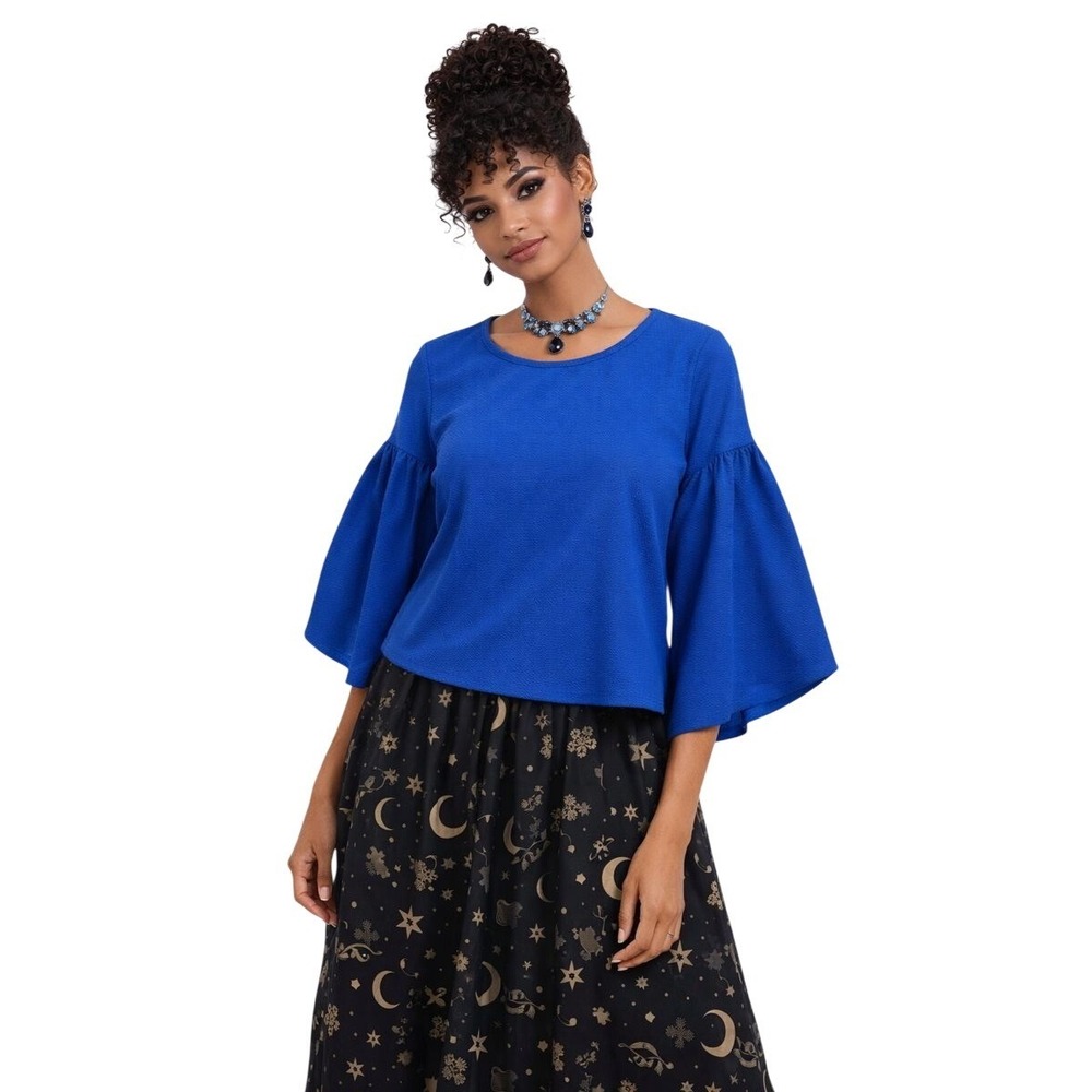 Anthro Sunday in Brooklyn Royal Blue Textured Bell Sleeve Top Whimsigoth Fairy L